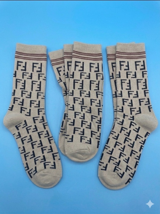 Fendi Other - 3 Pair Fendi Beige Crew Socks with Black FF Monogram and Brown Stripe
